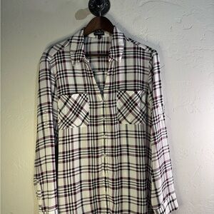 Express Burgundy and White Plaid Chiffon‎ Shirt